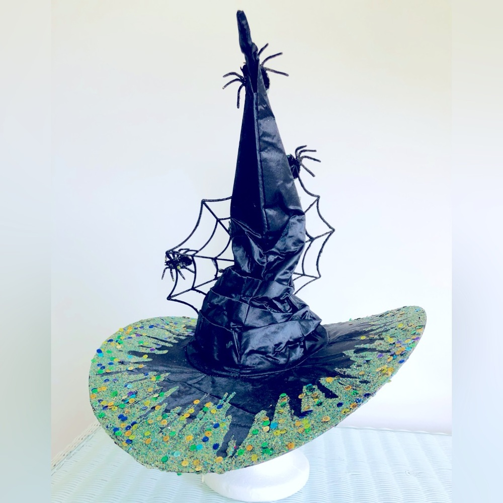 WITCH HAT Black satin green Sparkles crawling with spiders & Lg web 1 Of a kind - Picture 7 of 16